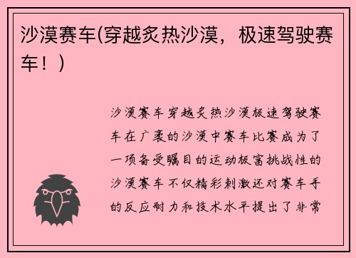 沙漠赛车(穿越炙热沙漠，极速驾驶赛车！)